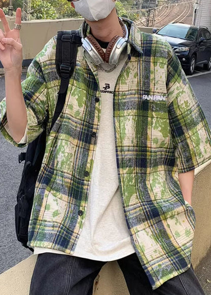 Chemises d'été vertes à carreaux en coton teinté pour hommes, grande taille