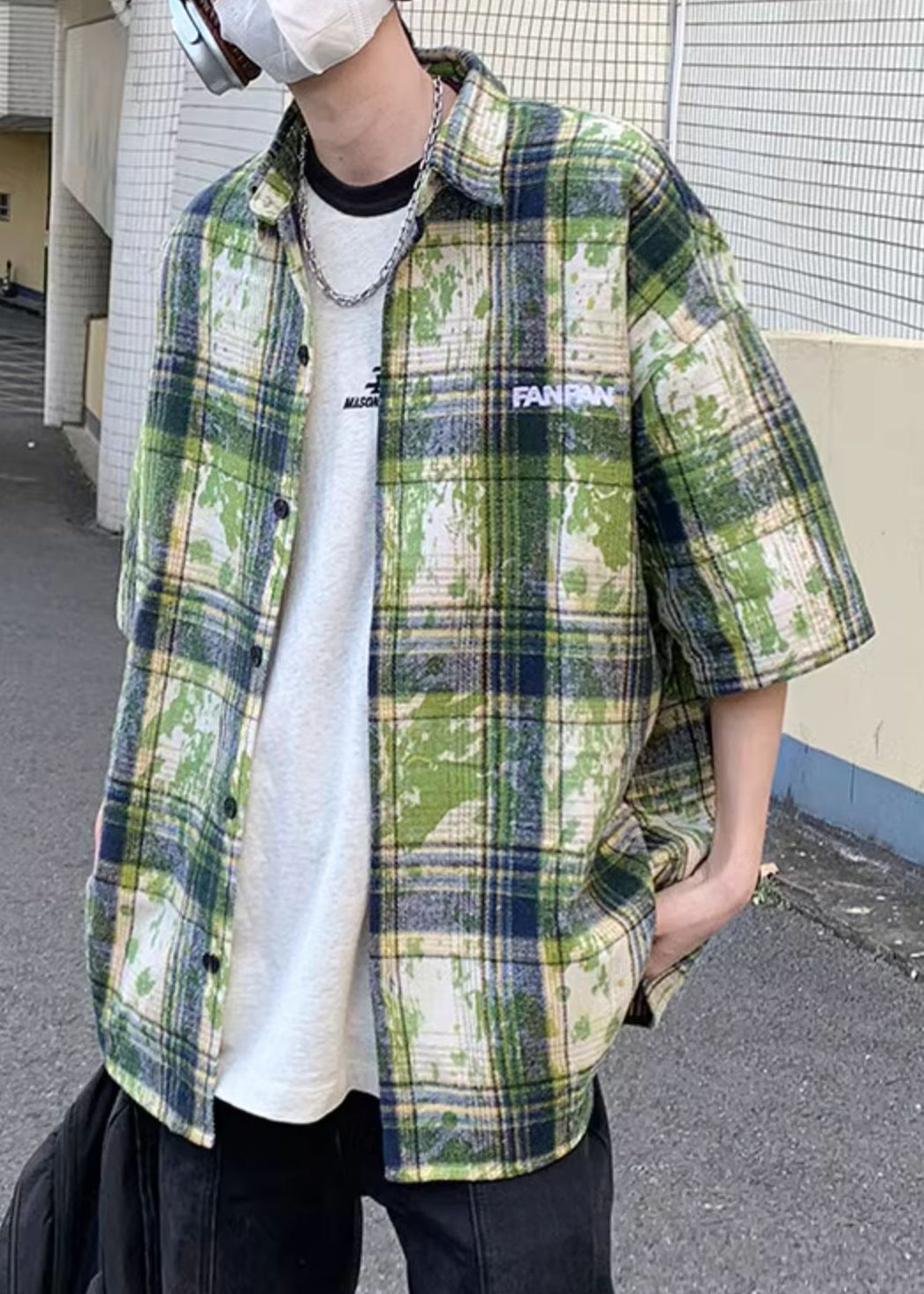 Chemises d'été vertes à carreaux en coton teinté pour hommes, grande taille