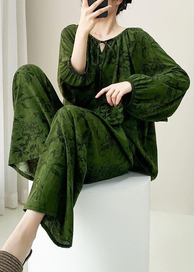 Two Size Set Lace Fall Pajamas Print Plus Up Pieces Green Cotton
