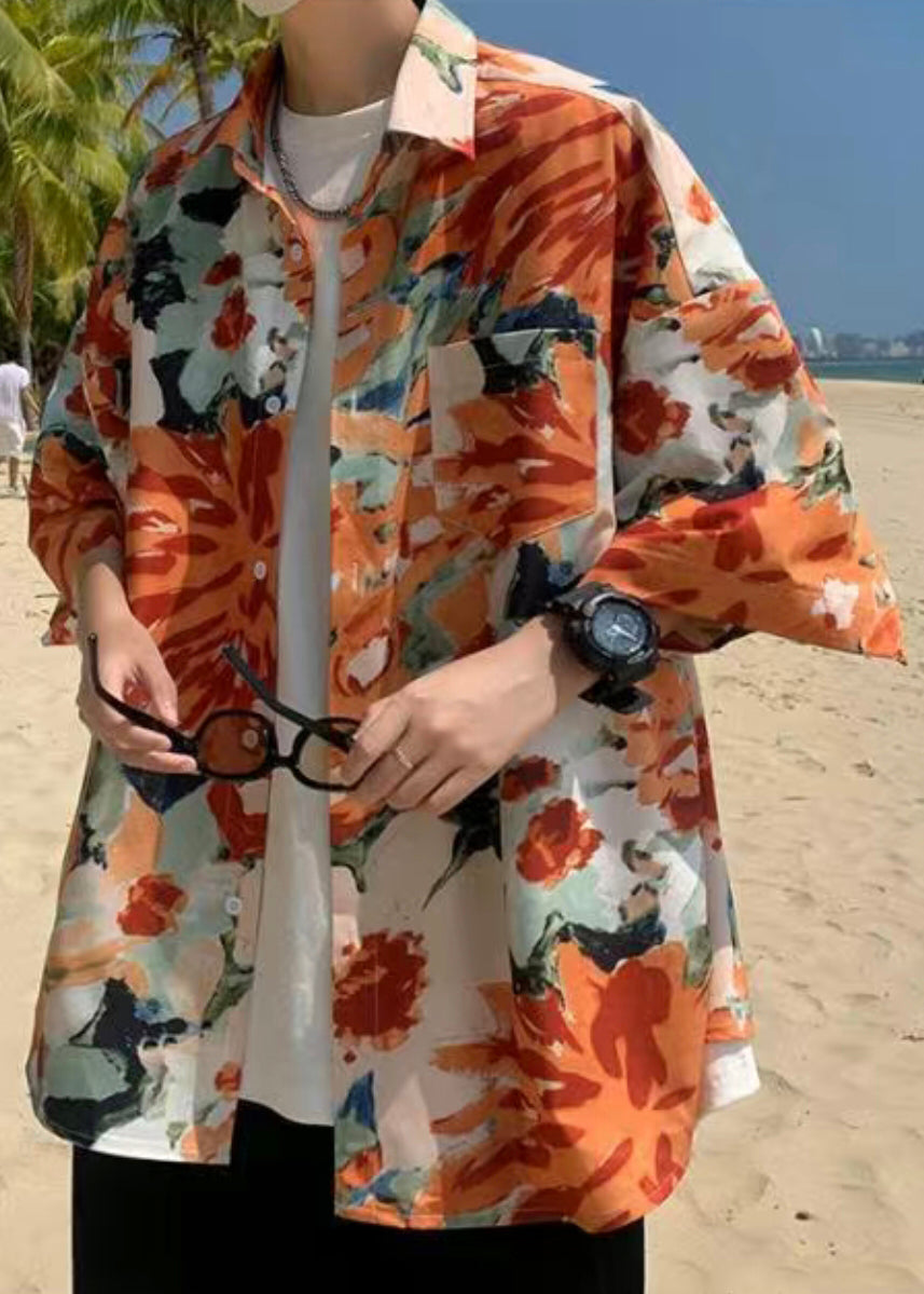 Grüne Baumwollhemden mit bedruckten Ärmeln und Taschen, halbe Herrengröße