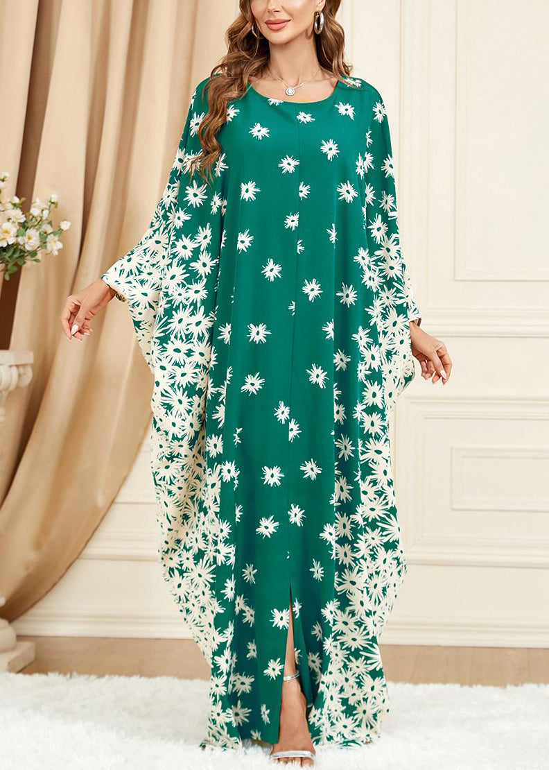 Plus Size Green Print Side Open Cotton Long Dress Batwing Sleeve AA1028