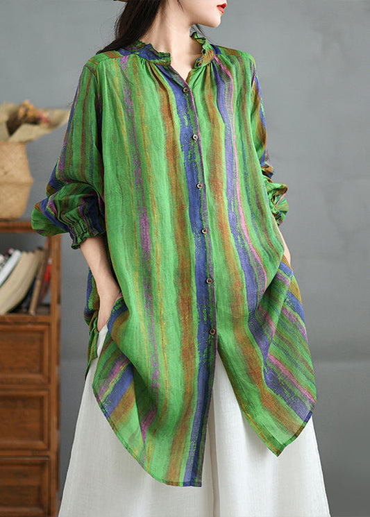 Plus Size Green Ruffled Stand Collar Striped Cotton Shirt Top Fall QK007