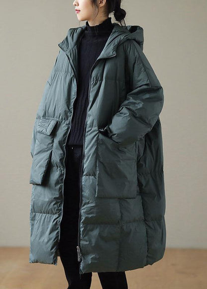 Manteau d'hiver en duvet vert à capuche et poches zippées grande taille à manches longues QS034