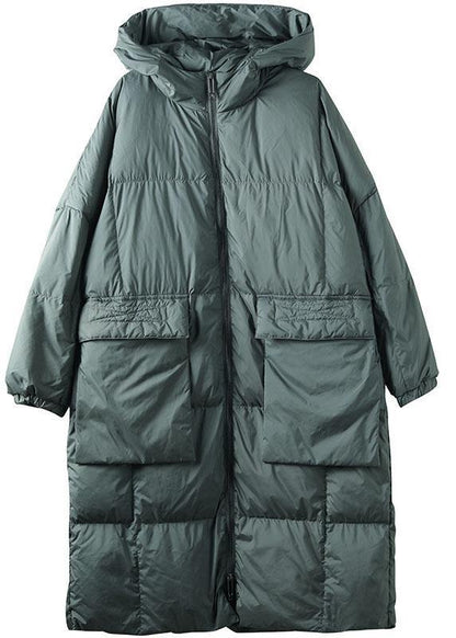 Manteau d'hiver en duvet vert à capuche et poches zippées grande taille à manches longues QS034