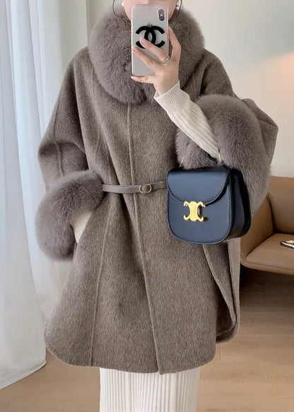 Plus Size Grey Fox Collar Pockets Leather And Fur Coats Winter Ada Fashion