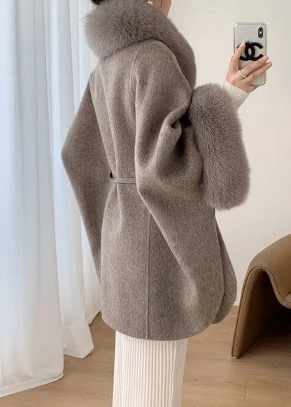 Plus Size Grey Fox Collar Pockets Leather And Fur Coats Winter Ada Fashion