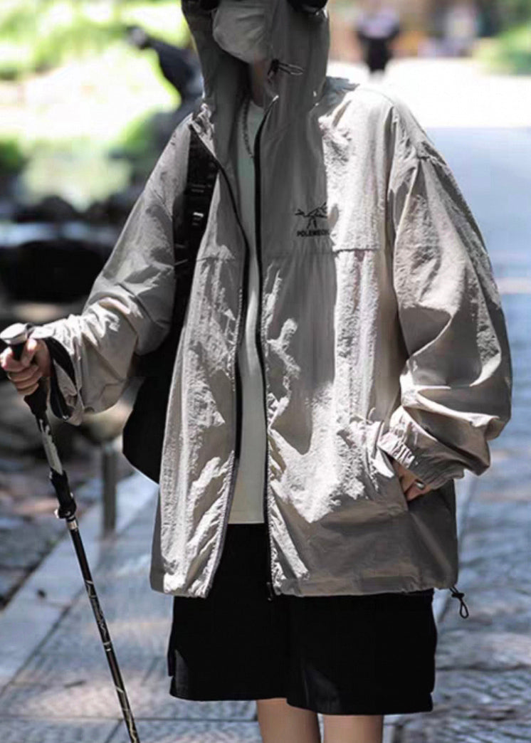 Manteau brodé en soie UPF 50+ pour homme, gris, à capuche