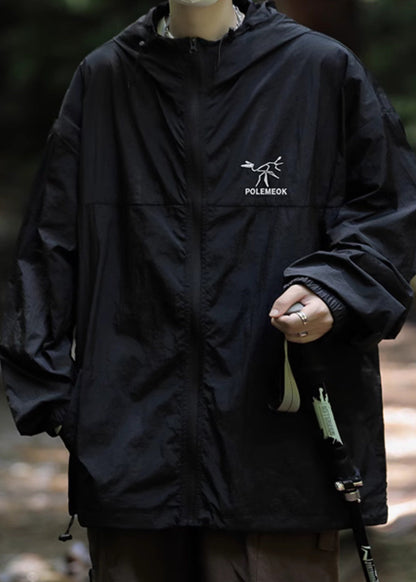 Manteau brodé en soie UPF 50+ pour homme, gris, à capuche