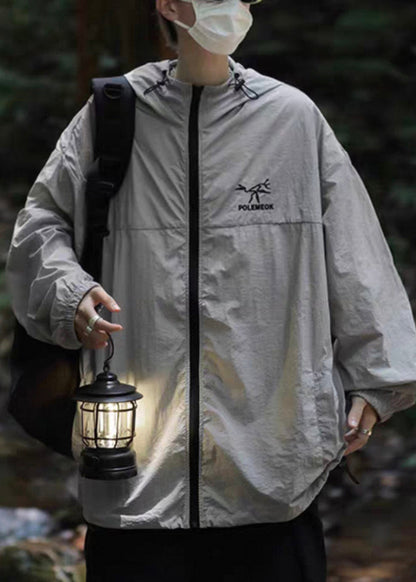 Manteau brodé en soie UPF 50+ pour homme, gris, à capuche