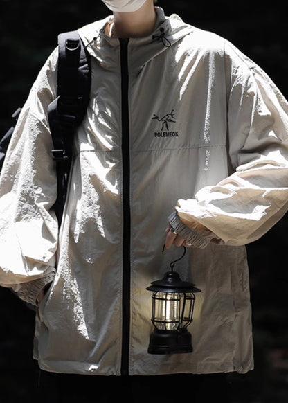 Manteau brodé en soie UPF 50+ pour homme, gris, à capuche