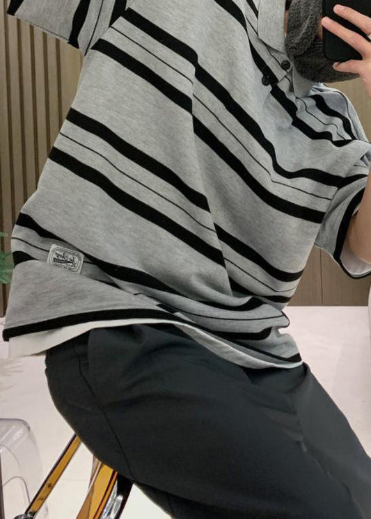 Männer Grau Sommer Taste Plus Baumwolle Größe Gestreiften Hemden Polo