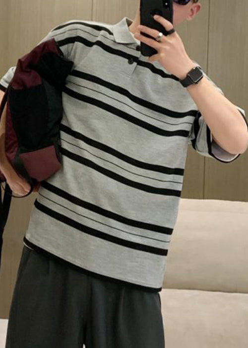 Männer Grau Sommer Taste Plus Baumwolle Größe Gestreiften Hemden Polo