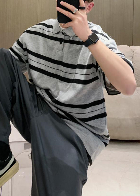 Männer Grau Sommer Taste Plus Baumwolle Größe Gestreiften Hemden Polo