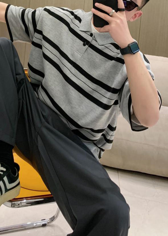 Männer Grau Sommer Taste Plus Baumwolle Größe Gestreiften Hemden Polo