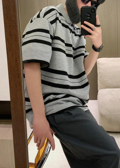 Männer Grau Sommer Taste Plus Baumwolle Größe Gestreiften Hemden Polo