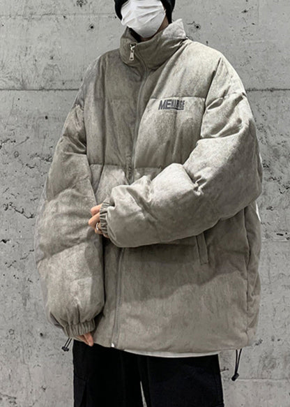 Parkas d'hiver gris grande taille avec fermeture éclair et poches imprimées pour hommes WL003