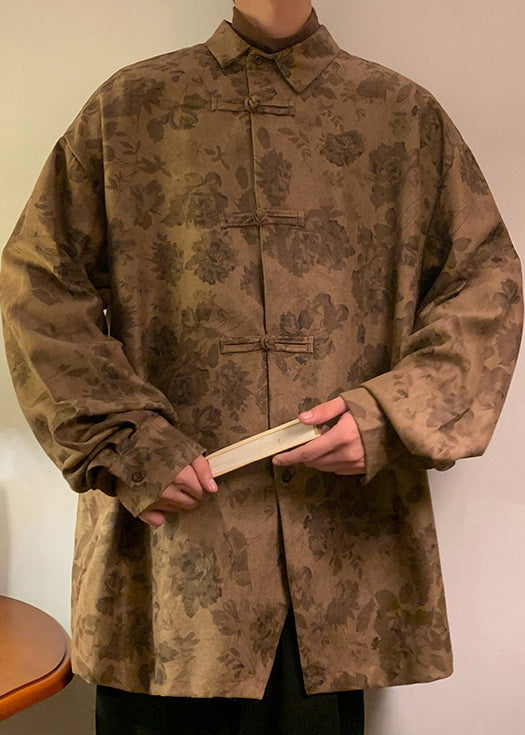 Plus Size Khaki Button Print Baumwolle Herren Hemden Herbst RO036