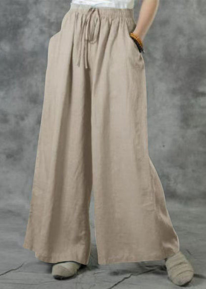 Elastic Summer Pockets Waist Wide Size Leg Pants Plus Khaki