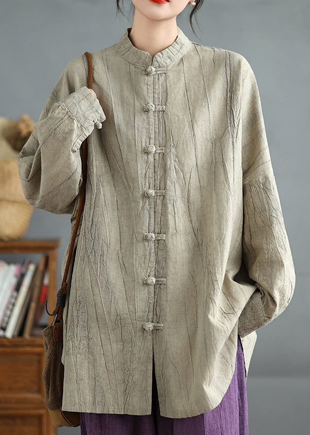 Chemise boutonnée en coton kaki grande taille, style oriental, printemps TI031