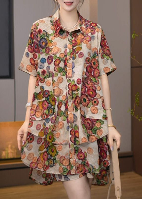 Ensemble de pièces en coton imprimé kaki taille été plus deux surdimensionné