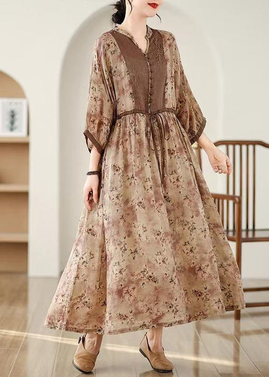 Khaki Dresses Pockets Tie Cotton Waist Long Fall Print Plus Size