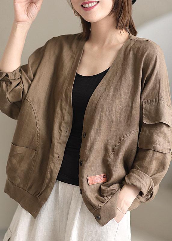 Plus Size Khaki V Neck Loose Button Fall Long sleeve Jacket QS051