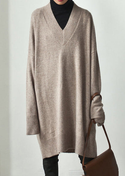 Übergröße Khaki V-Ausschnitt Oversize Strickpullover Kleid Frühling TF003