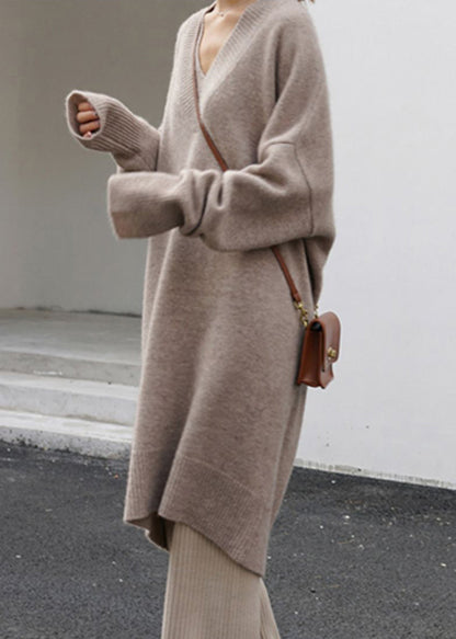 Übergröße Khaki V-Ausschnitt Oversize Strickpullover Kleid Frühling TF003