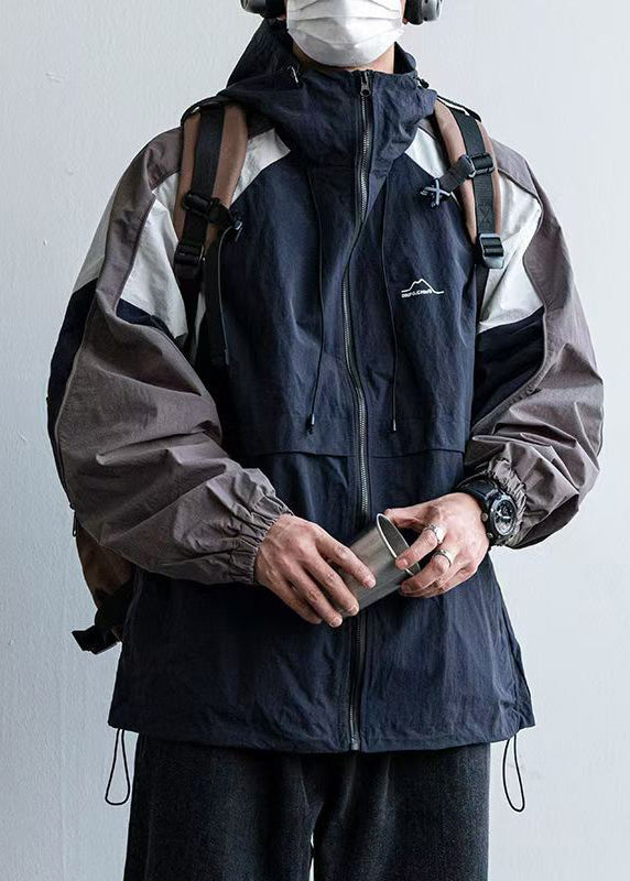 Manteau à capuche pour homme, patchwork, coton, cordon de serrage, bleu marine