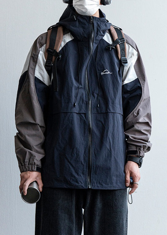 Manteau à capuche pour homme, patchwork, coton, cordon de serrage, bleu marine