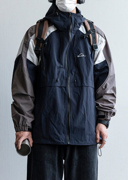 Manteau à capuche pour homme, patchwork, coton, cordon de serrage, bleu marine