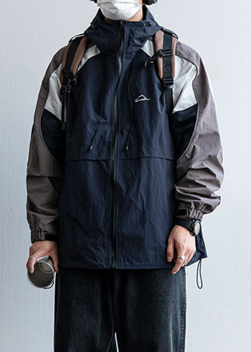 Manteau à capuche pour homme, patchwork, coton, cordon de serrage, bleu marine