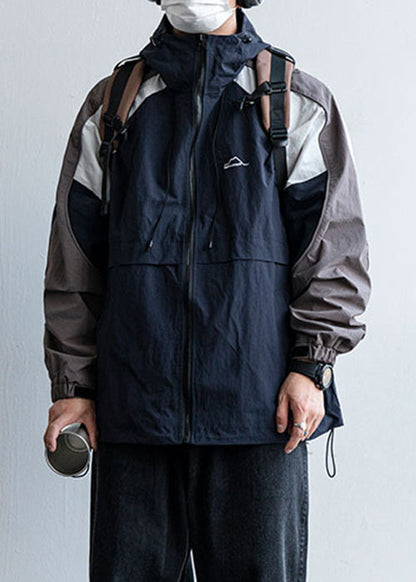 Manteau à capuche pour homme, patchwork, coton, cordon de serrage, bleu marine