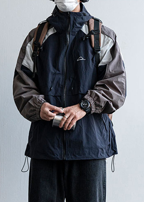 Manteau à capuche pour homme, patchwork, coton, cordon de serrage, bleu marine