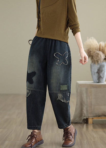 Pantalon en jean bleu marine à taille élastique avec poches grande taille pour l'automne QO040