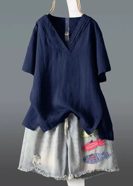 Débardeur en lin bleu marine froissé à col en V, taille Plus, été