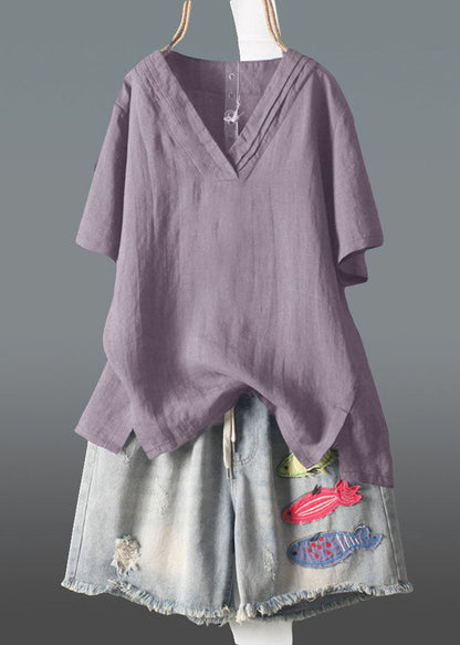 Débardeur en lin bleu marine froissé à col en V, taille Plus, été