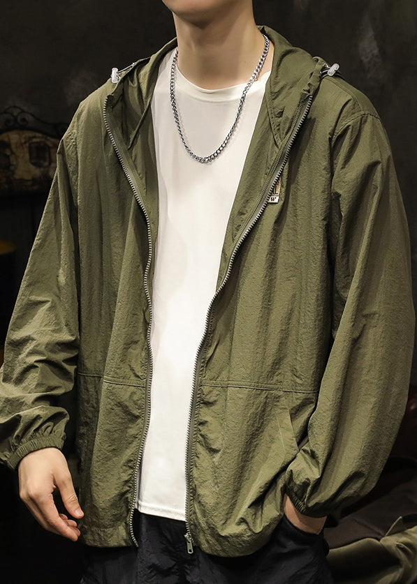 Manteaux olive grande taille été hommes poches vert fermeture éclair à capuche