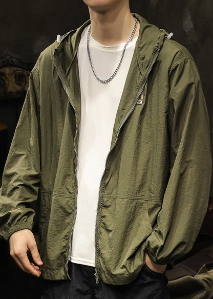 Manteaux olive grande taille été hommes poches vert fermeture éclair à capuche