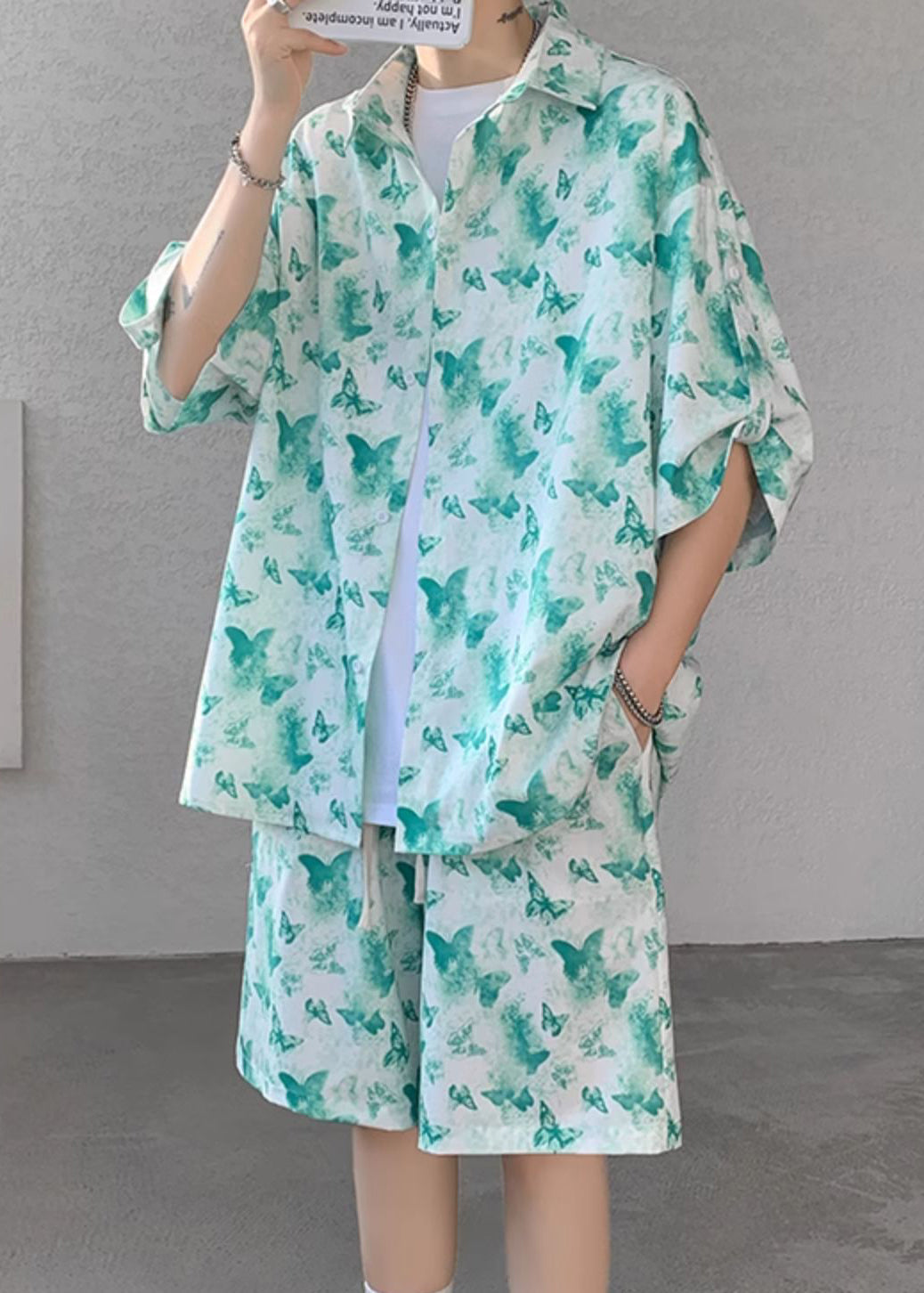 Plus Size Orange Button Print Ice Silk Men Two Pieces Set Half Sleeve HG056