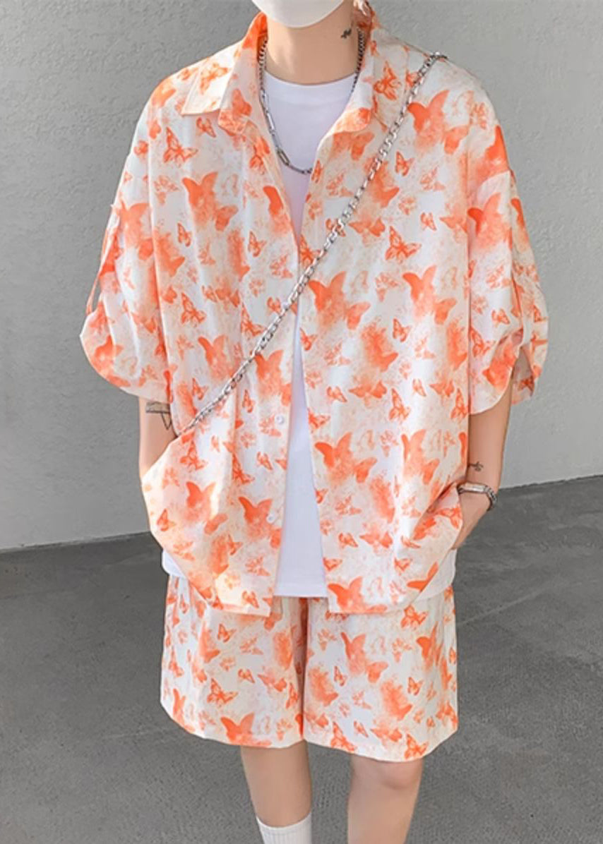 Plus Size Orange Button Print Ice Silk Men Two Pieces Set Half Sleeve HG056