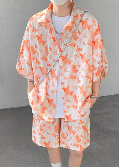 Plus Size Orange Button Print Ice Silk Men Two Pieces Set Half Sleeve HG056