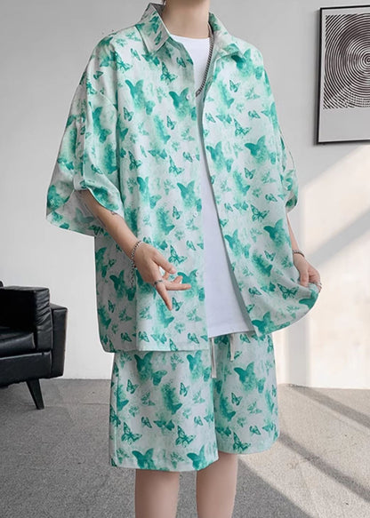 Plus Size Orange Button Print Ice Silk Men Two Pieces Set Half Sleeve HG056