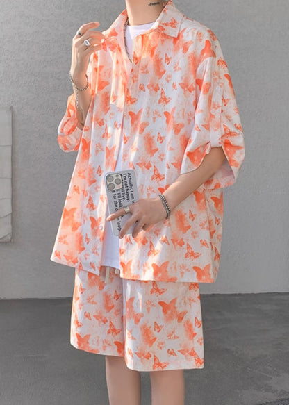 Plus Size Orange Button Print Ice Silk Men Two Pieces Set Half Sleeve HG056