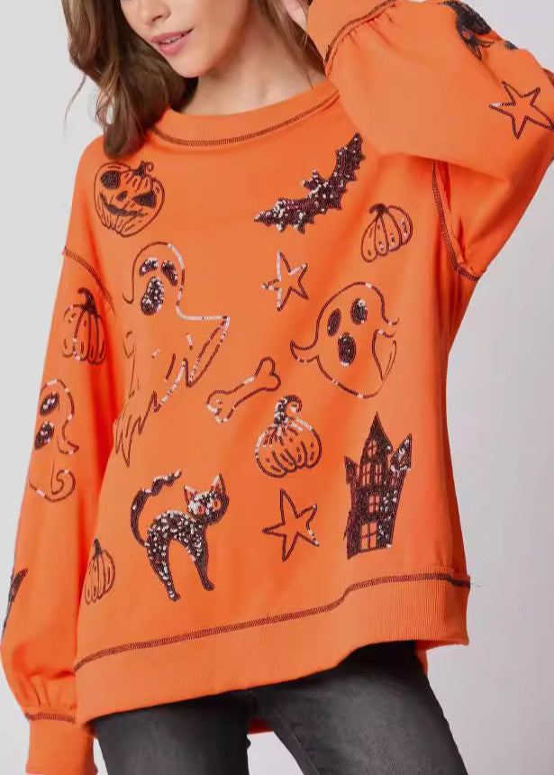 Plus Size Orange O Neck Pailletten Baumwolle Sweatshirts Herbst AE1040