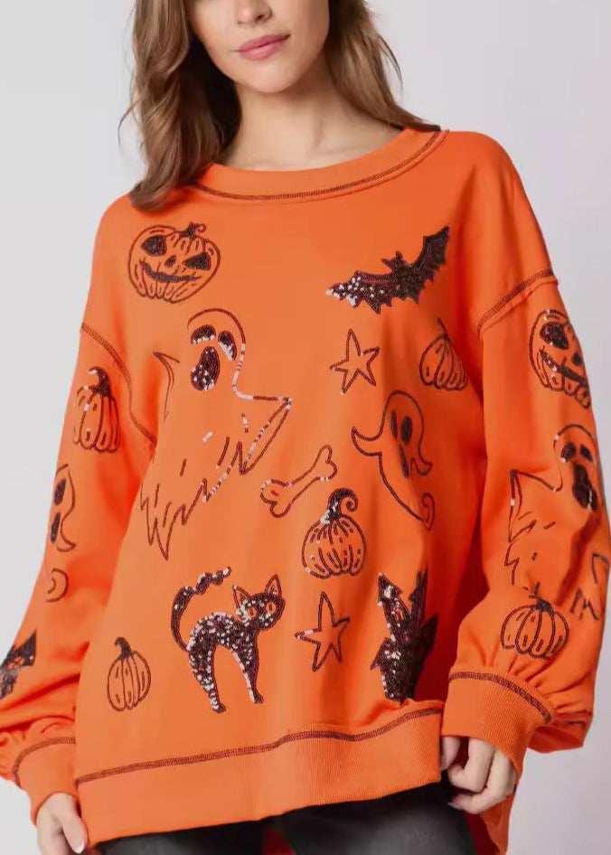 Plus Size Orange O Neck Pailletten Baumwolle Sweatshirts Herbst AE1040