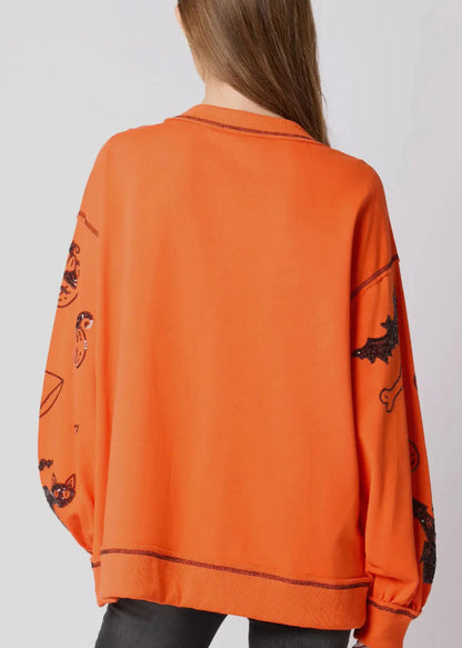 Plus Size Orange O Neck Pailletten Baumwolle Sweatshirts Herbst AE1040