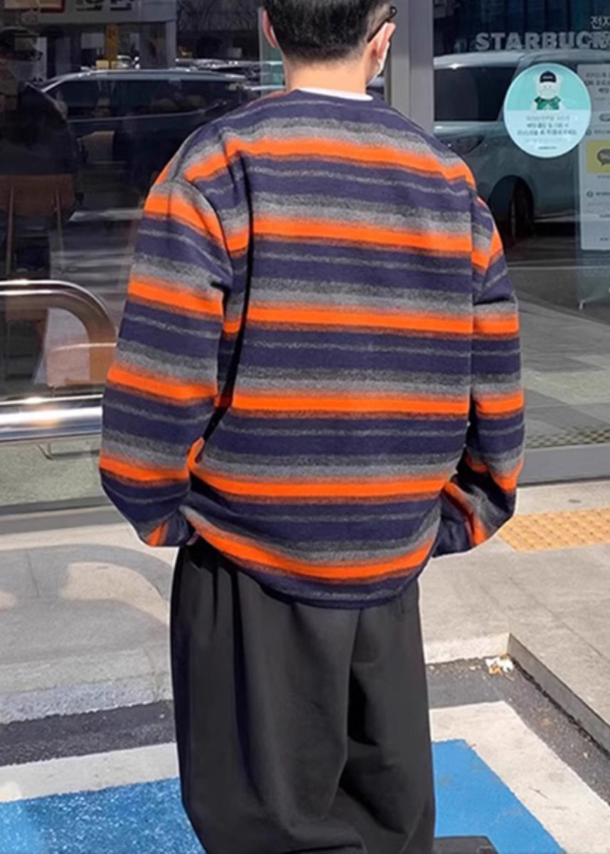 Plus Size Orange O Neck Striped Cotton Men T Shirt Fall WJ004