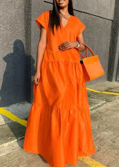 Kleid V Plus Lang Orange Sommer Patchwork Größe Hals