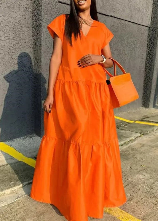 Kleid V Plus Lang Orange Sommer Patchwork Größe Hals